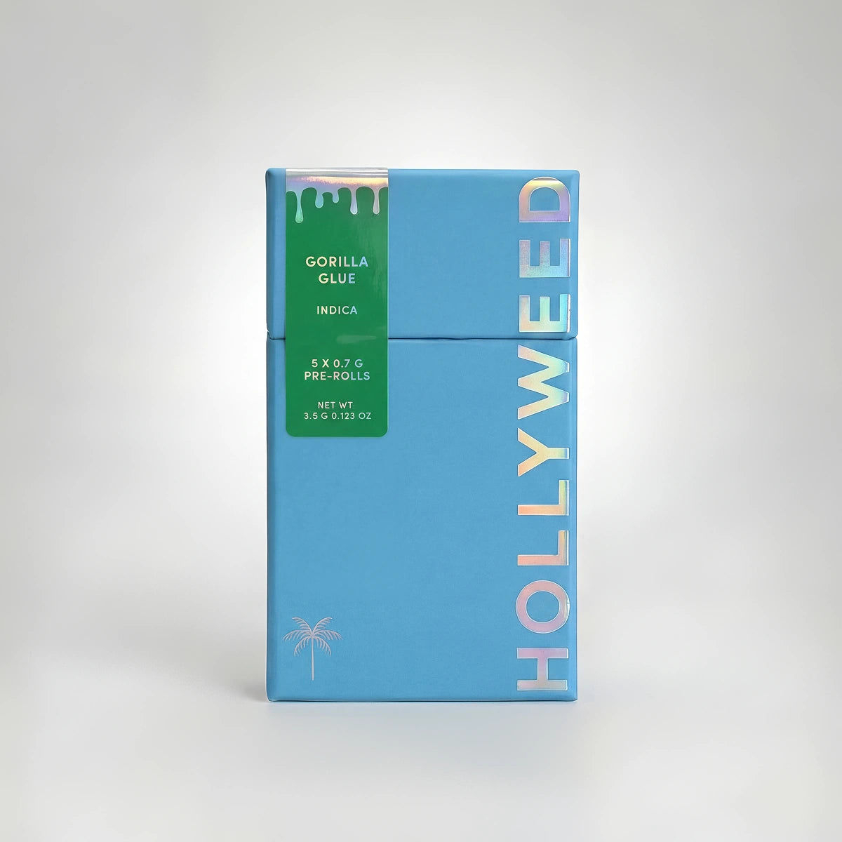 Set of five Hollyweed THCA Infused Pre-Rolls with Indica Gorilla Glue, 3.5g total, in a clear package with diamond accents.