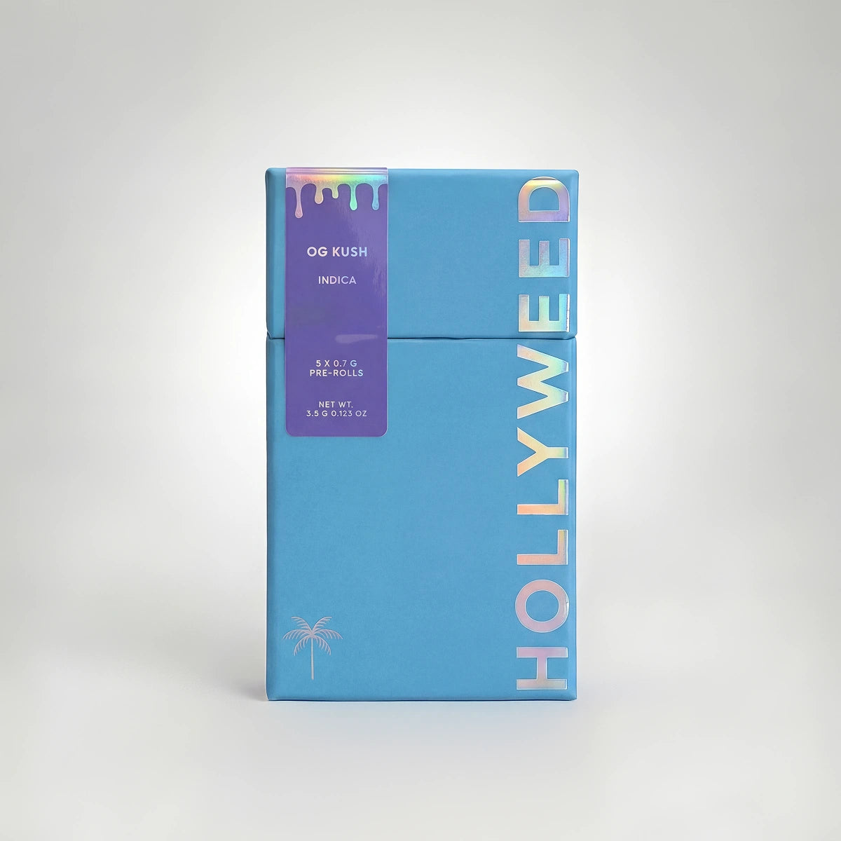 Hollyweed THCA Infused Pre-Roll pack with five Indica OG Kush cannabis pre-rolls, each 3.5g, displayed in a clear pack.