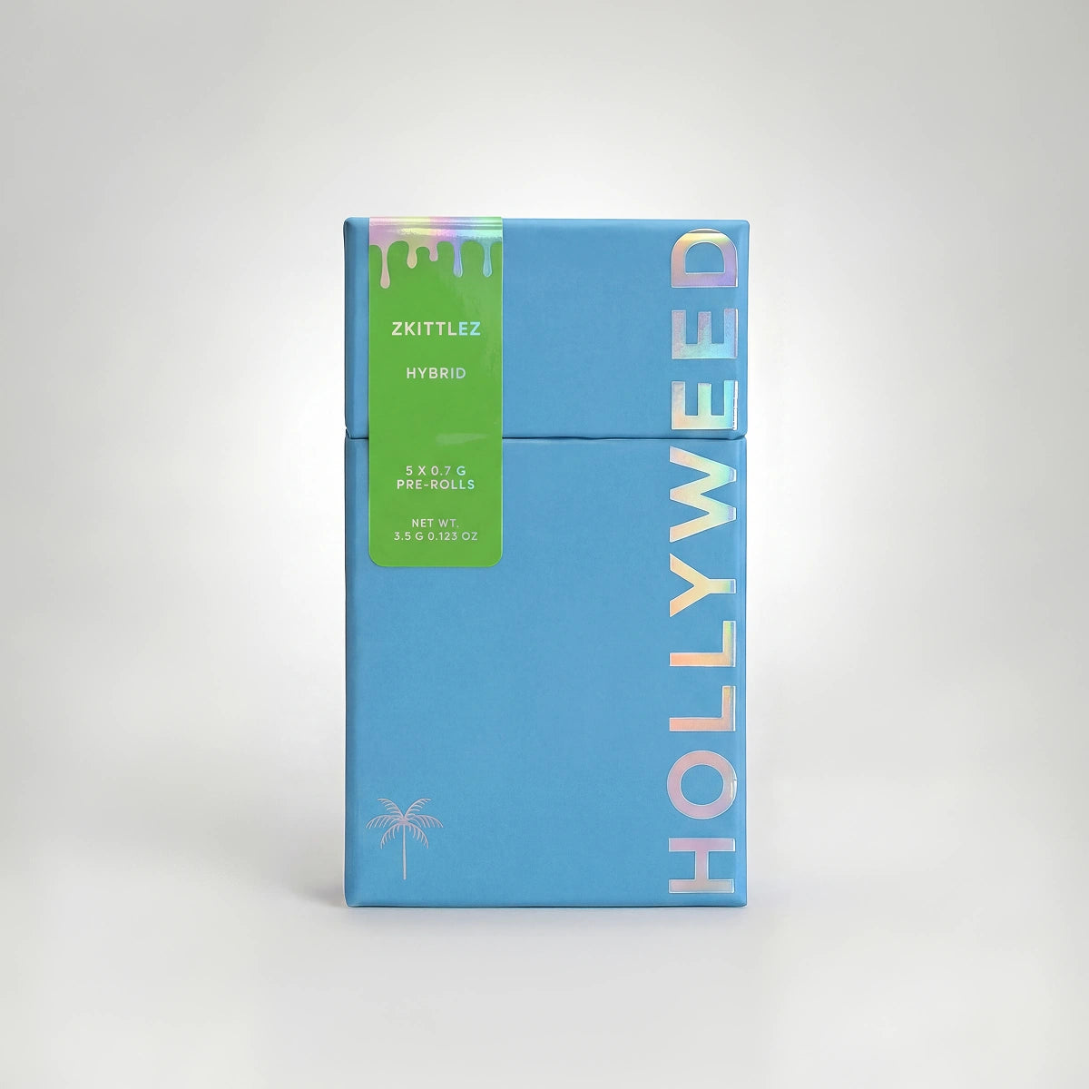 Hollyweed THCA infused hybrid Zkittlez pre-rolls 5-pack with diamond infusion, 3.5g total in an image showing the pre-rolls.
