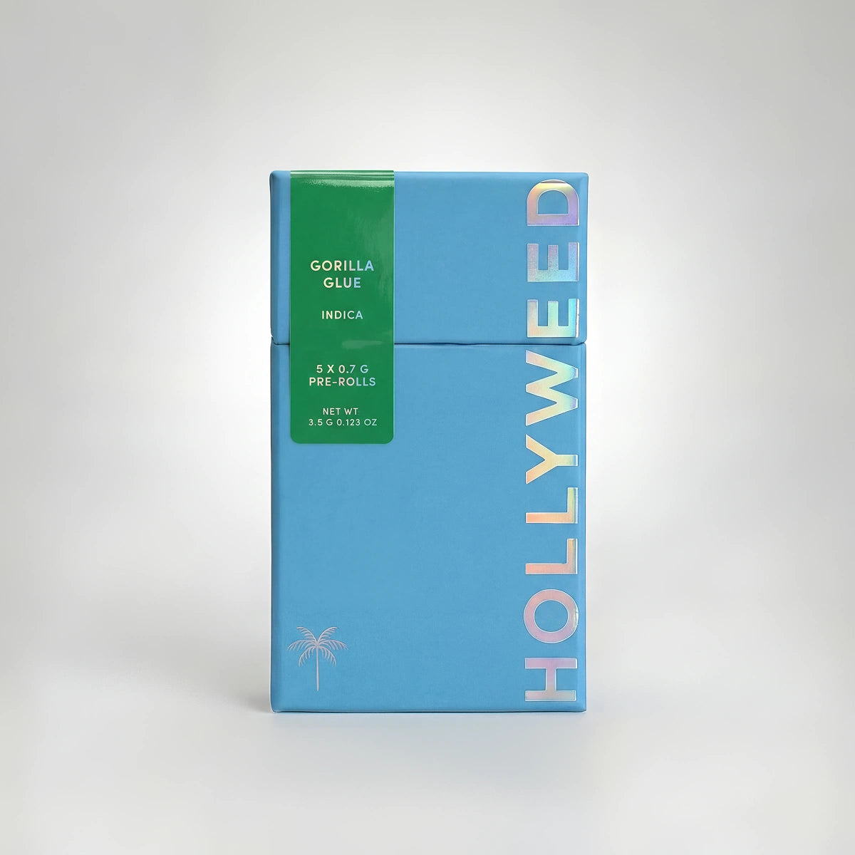 Five Hollyweed THCA Indica pre-rolls with Gorilla Glue strain, 3.5g total, displayed in a pack on a white background.