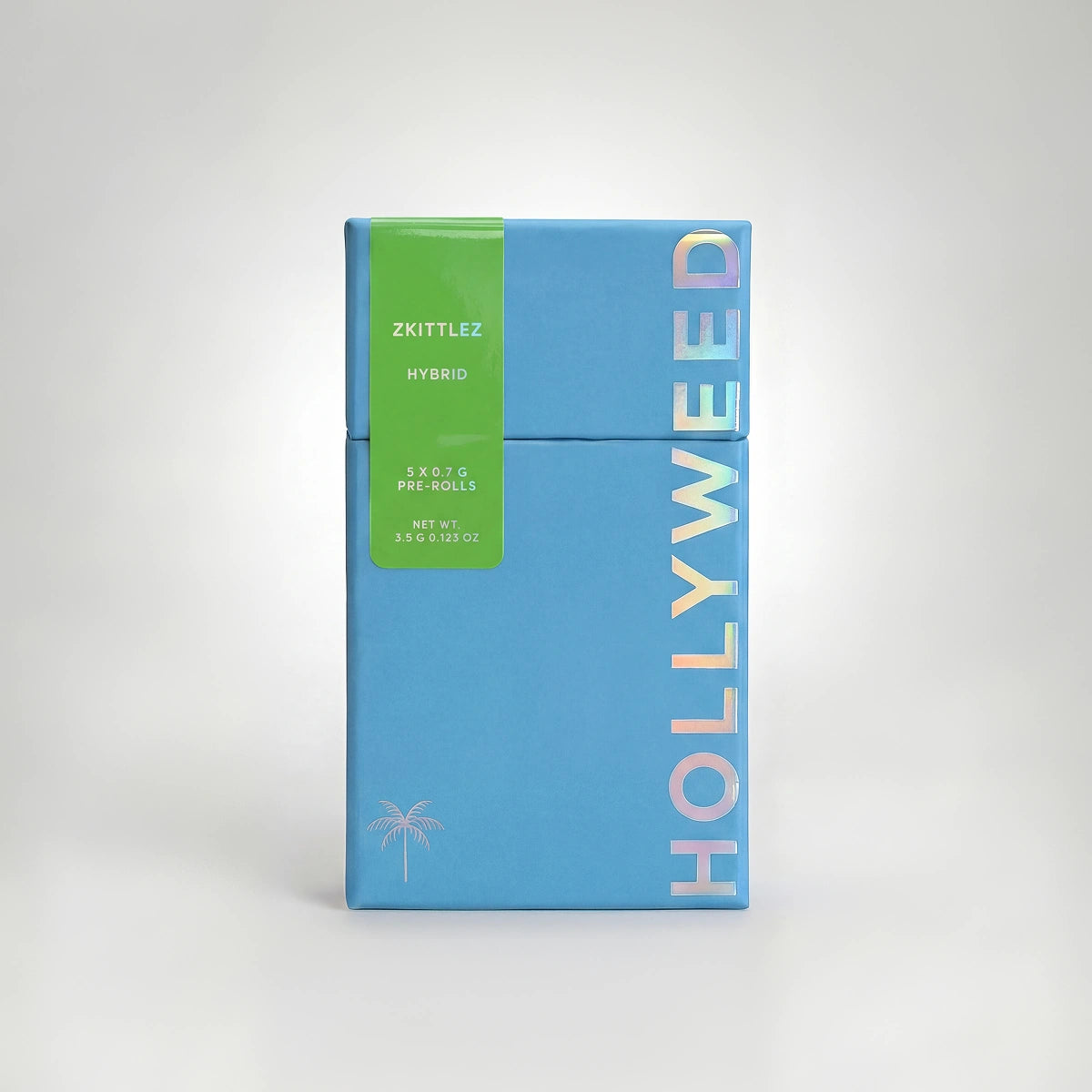 Hollyweed THCA pre-rolls Zkittlez hybrid 5-pack with five 3.5g cannabis pre-rolls, colorful packaging and rolled joints.