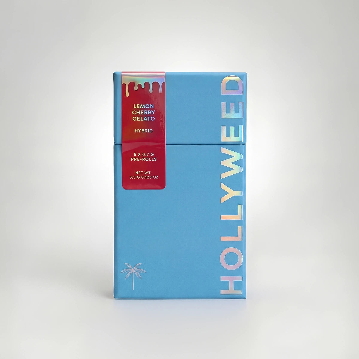 Hollyweed THCA infused hybrid pre-rolls in Lemon Cherry Gelato flavor, 5-pack with 3.5g total, displayed in a clear container.