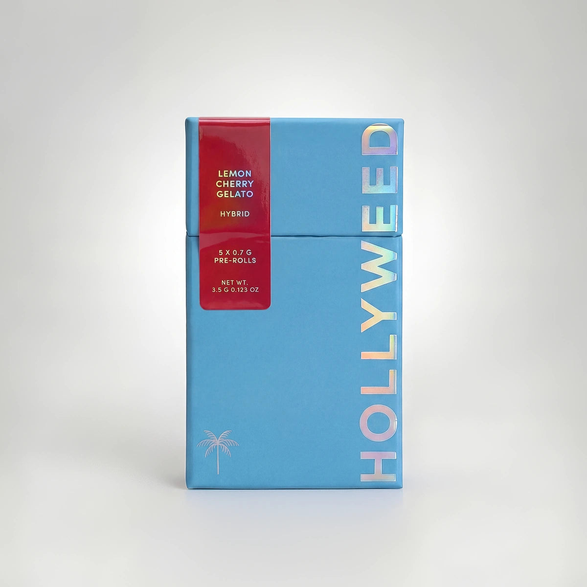 Hollyweed THCA Pre-Roll Hybrid Lemon Cherry Gelato 5-pack with five 3.5g pre-rolled cannabis joints on a white background.