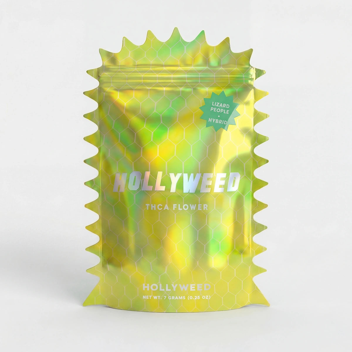 Hollyweed THCA flower Lizard People hybrid in a 7g mylar bag, showcasing vibrant buds with orange hairs and frosty trichomes.