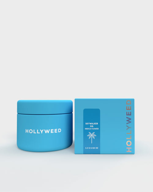 Hollyweed Skywalker OG THCA flower, indica strain, 3.5g, fresh buds with dense green foliage and orange pistils.