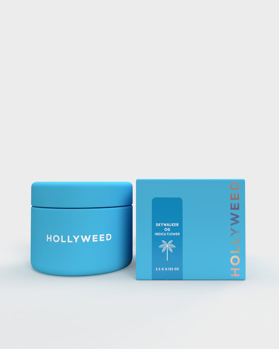 Hollyweed Skywalker OG THCA flower, indica strain, 3.5g, fresh buds with dense green foliage and orange pistils.