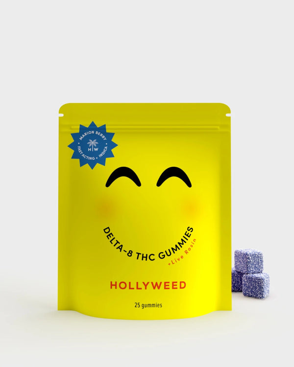 Hollyweed Extra Strength Delta-8 Gummies with THCp and live rosin in Marion Berry flavor, Indica-enhanced cannabis edible.