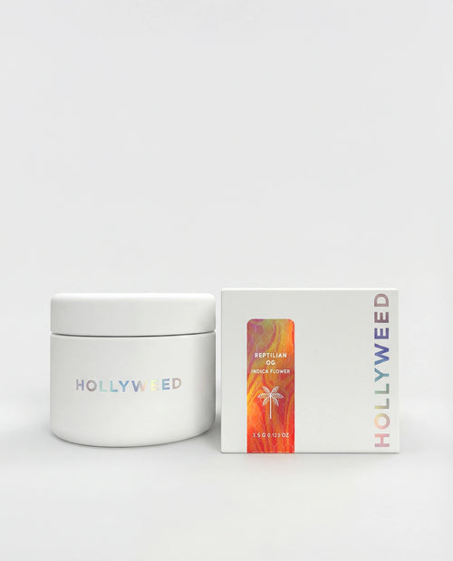Hollyweed Reptilian OG THCA flower, Indica strain, 3.5g, vibrant buds with green and purple hues, dense and resinous cannabis flower.