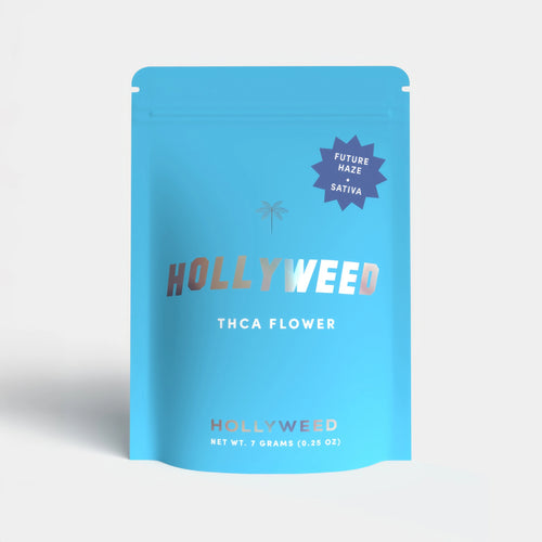Hollyweed THCA Flower in Future Haze sativa strain, 7g jar showcasing vibrant buds with orange hairs and crystalline trichomes.