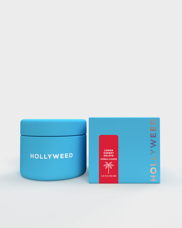 Hollyweed THCA flower Lemon Cherry Gelato strain in a jar and box, showcasing vibrant hybrid cannabis buds.