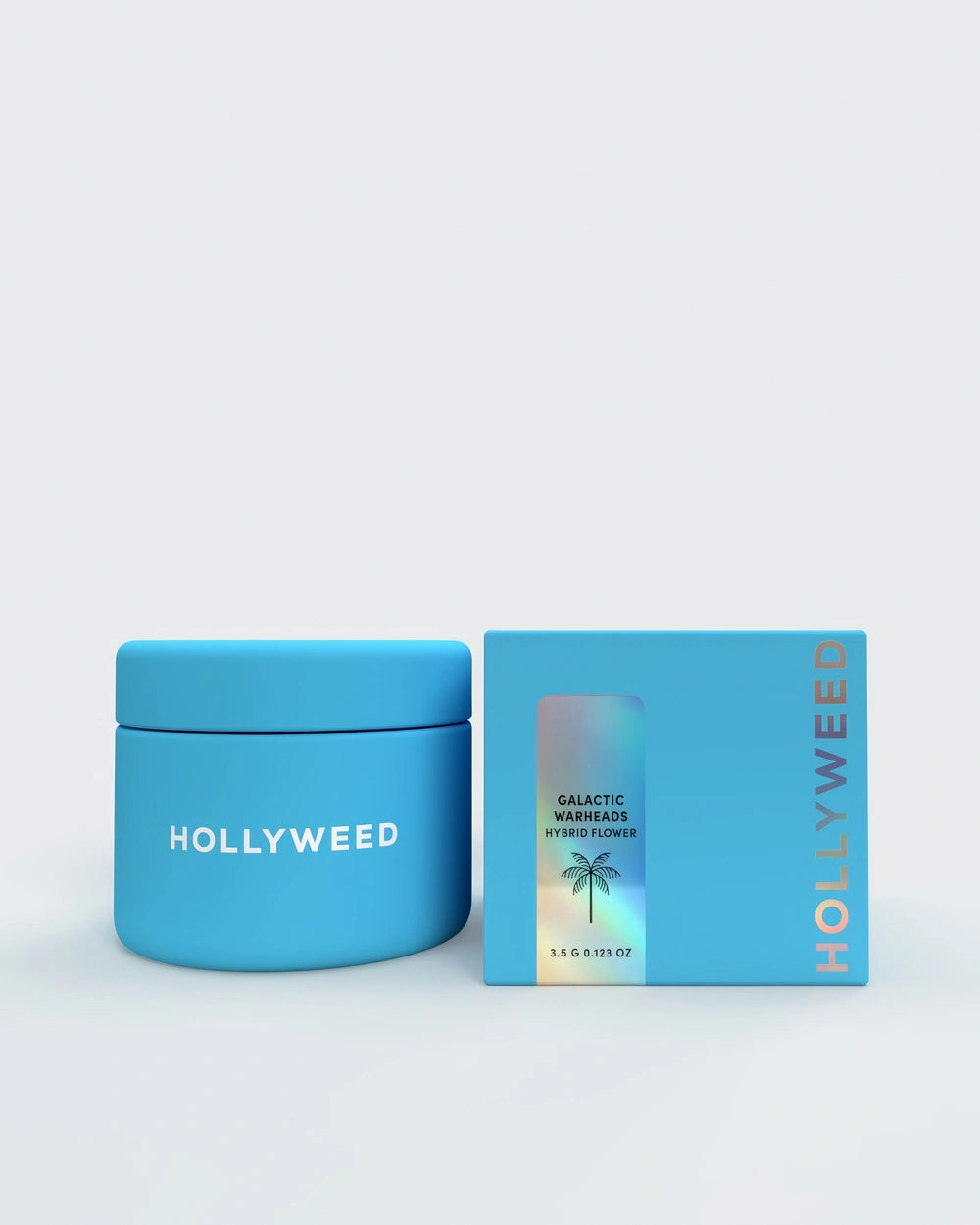 Hollyweed THCA Flower Galactic Warheads strain in a jar and box, showcasing vibrant buds of hybrid cannabis.